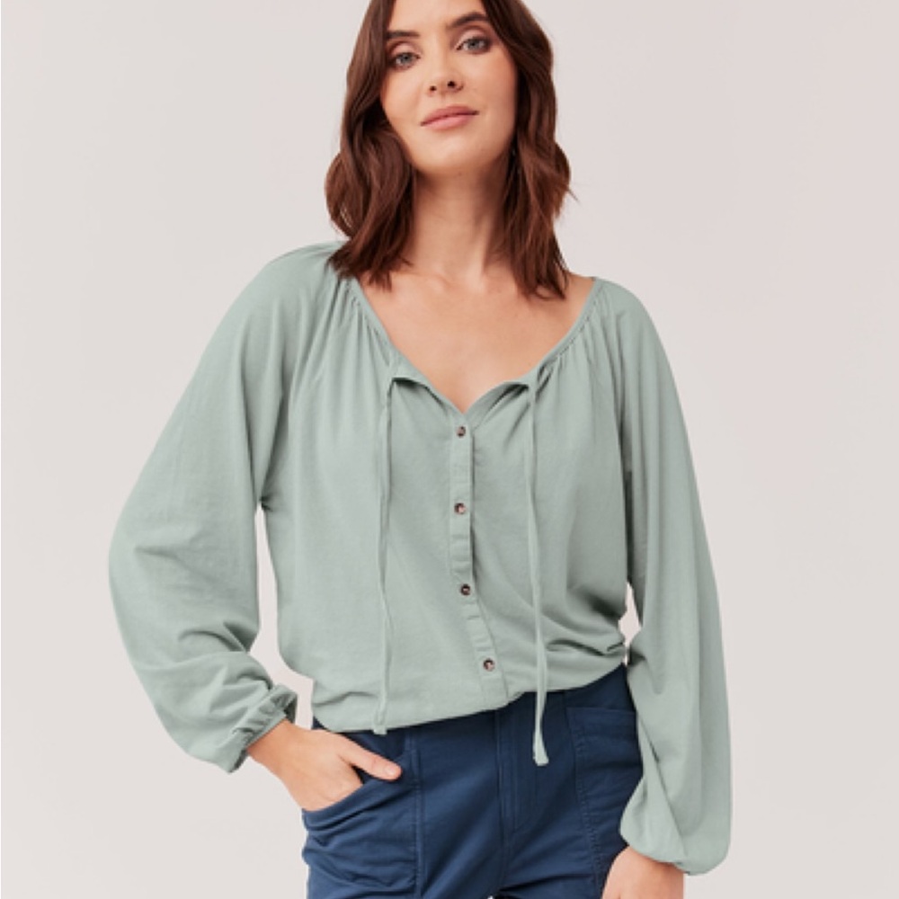 Pact Green Relaxed Buttoned Tie Front Blouse